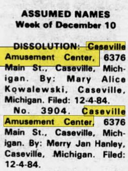 Caseville Amusement Center - Dec 18 1984 Dissolved
